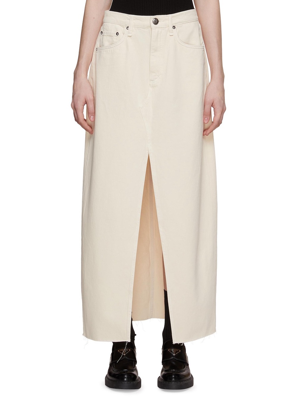 Rag & Bone Ecru Cream Denim Fall Avery Maxi Skirt with Front Slit & Raw Hem